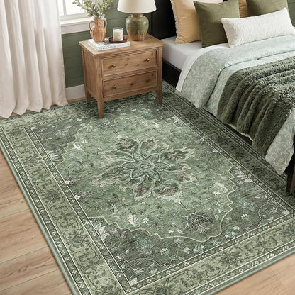 RELEANY Area Rugs 5'x7' Washable Non-Slip, Floral Vintage Distress Medallion Carpet for Living Room Bedroom Dining Room, Dark Green Gray