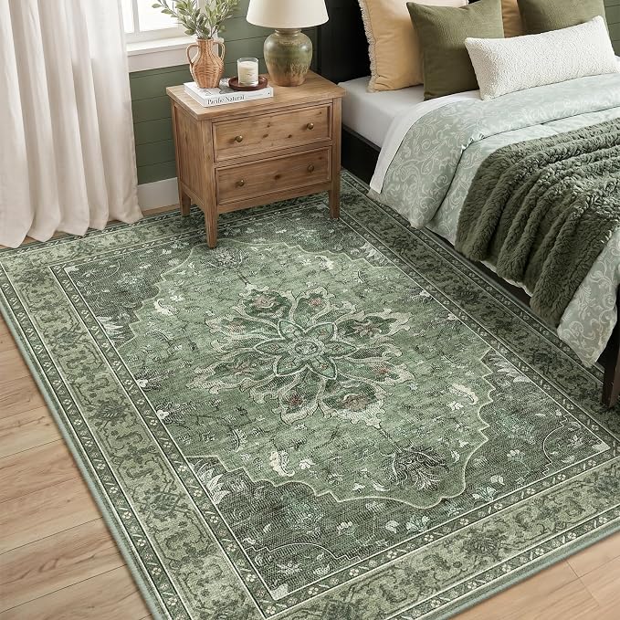RELEANY Area Rugs 5'x8' Washable Non-Slip, Floral Vintage Distress Medallion Carpet for Living Room Bedroom Dining Room, Dark Green Gray