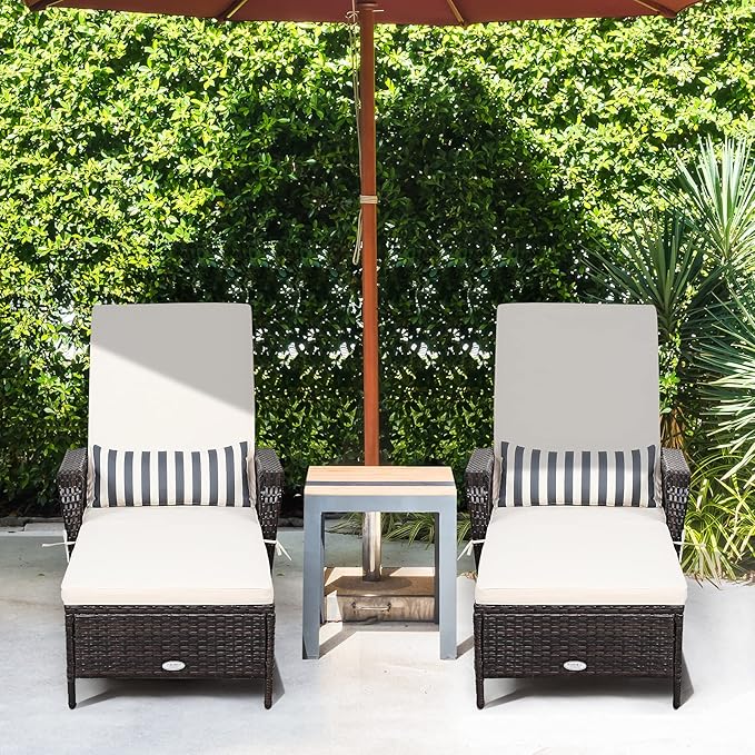 COSTWAY PE Rattan Chaise Lounge Chair, 6 Gear Adjustable Recliner with Armrest & Pillow, Wicker Outdoor Furniture for Deck, Patio (2, Brown)