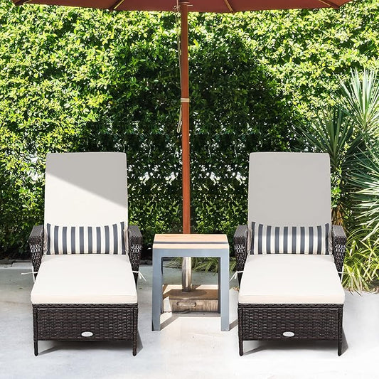 COSTWAY PE Rattan Chaise Lounge Chair, 6 Gear Adjustable Recliner with Armrest & Pillow, Wicker Outdoor Furniture for Deck, Patio (2, Brown)