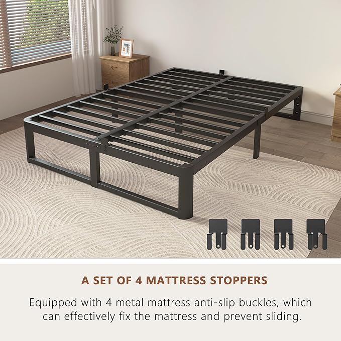 ZTH Full Size Metal Platform Bed Frame 16 in, No Box Spring Needed, Black | Heavy duty support, Underbed storage, Noise-free design, Anti-slip clips, Rounded legs, Easy assembly, Headboard compatible