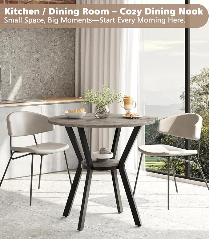 MECHYIN Round Dining Table for 2–4,31.5" Small Kitchen Table with Storage, Rustic Wood Table with Metal Legs, Space Saving Dining Table for Kitchen, Office, Dining Room, Apartment or Studio