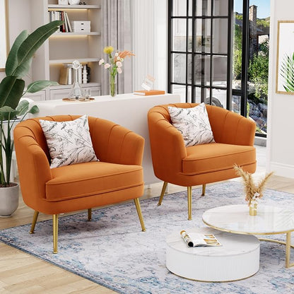 Andeworld Velvet Accent Chair, Upholstered Modern Single Sofa Side Chair,Comfy Barrel Club Living Room Armchair with Golden Metal Legs for Bedroom Living Reading Room Office,Caramel Orange