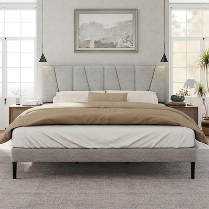 HAOARA Queen Size Bed Frame with Fabric Upholstered Headboard, Platform Bed with Wooden Slats Support, Fully Mattress Foundation, Box Spring Optional, Easy Assembly, Light Grey