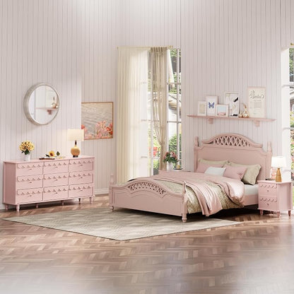 Anbuy Bedroom Sets 9 Drawer Dresser and Night Stand Sets for Bedroom, Two Drawers Nightstand Set of 2 & 9 Drawer Dresser Combo 3 Pieces (Pink)