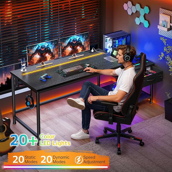56 Inch Gaming Desk with Printer Shelf and LED Lights,Reversible Computer Desk with Drawers and Power Outlets,Study Table with Hooks for Headphone,Bags,Gamer Desk Work Desk for Teen Bedroom,Dorm