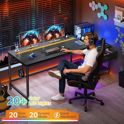 56 Inch Gaming Desk with Printer Shelf and LED Lights,Reversible Computer Desk with Drawers and Power Outlets,Study Table with Hooks for Headphone,Bags,Gamer Desk Work Desk for Teen Bedroom,Dorm