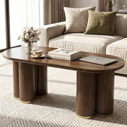YOSHOOT Oval Fluted Coffee Tables for Living Room, 47" Wood Coffee Table | Modern Coffee Table for Living Room Home Office, Farmhouse Center Table, Walnut