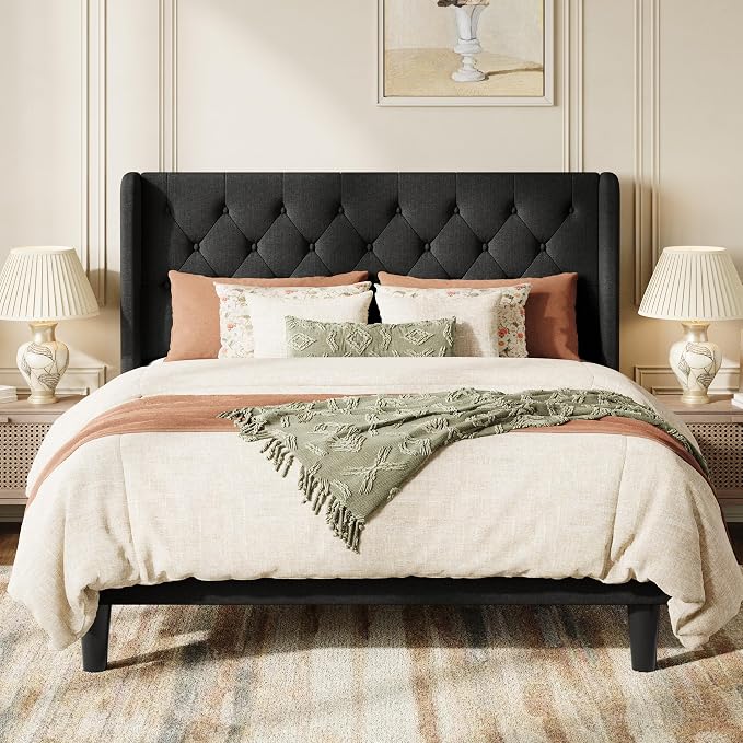 SHA CERLIN Queen Size Platform Bed Frame with Upholstered Headboard and Wingback, Button Tufted Design, Easy Assembly, No Box Spring Needed, Black