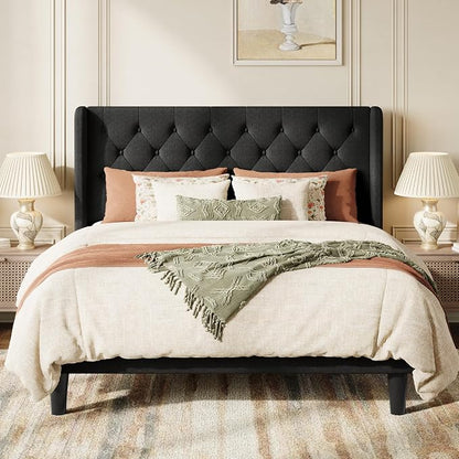 SHA CERLIN Queen Size Platform Bed Frame with Upholstered Headboard and Wingback, Button Tufted Design, Easy Assembly, No Box Spring Needed, Black