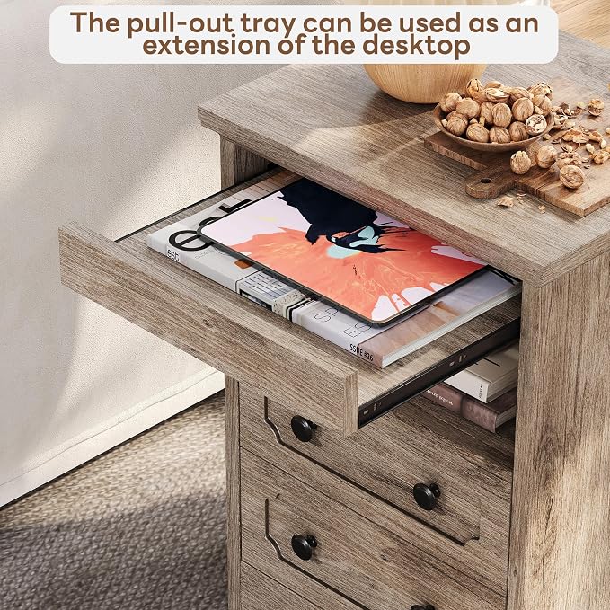 LIKIMIO Nightstand Set of 2, Night Stand with Pull Out Tray, Wooden Bedside Table with 2 Drawers and Open Shelf, Side Table for Bedroom, Grey