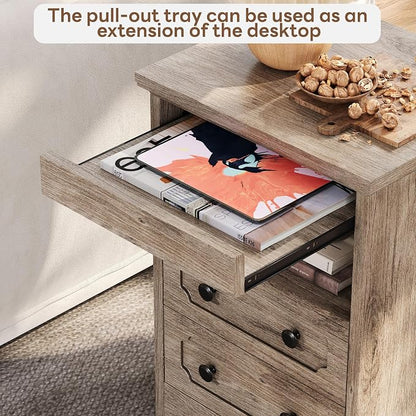 LIKIMIO Nightstand Set of 2, Night Stand with Pull Out Tray, Wooden Bedside Table with 2 Drawers and Open Shelf, Side Table for Bedroom, Grey