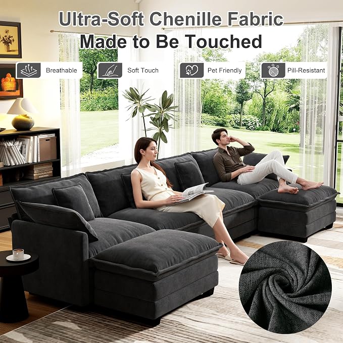 146" Cloud Couch Sectional, U Shaped Modular Sectional Sofa, 4-Seat Deep Seat Couch with 6 Removable Washable Pillows and 2 Ottoman for Living Room, Bedroom, Apartment, Black
