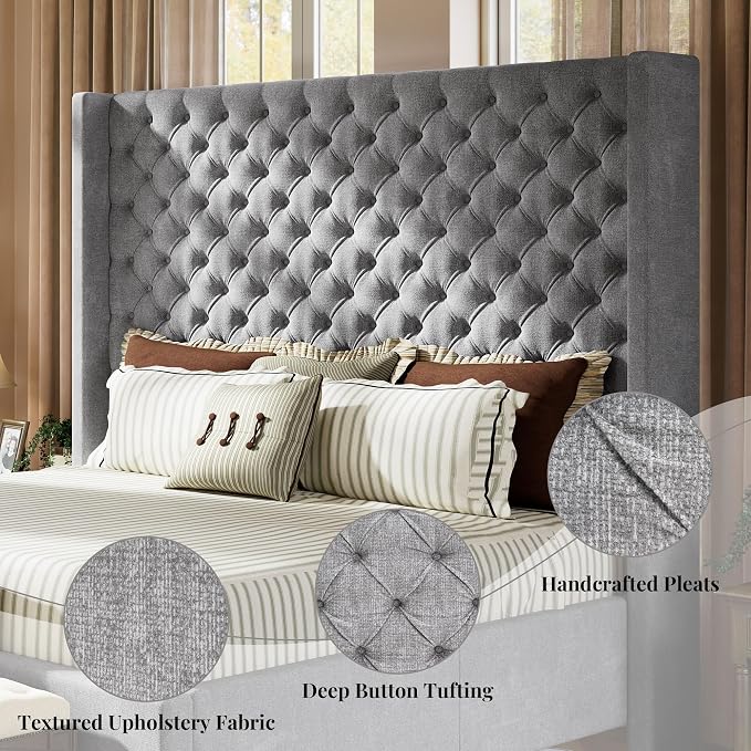 Jocisland California King Size Bed Frame with 65" Tall Headboard, Upholstered Wingback Platform Design, Handcrafted Pleats & Deep Button Tufted, Solid Wood Legs, No Box Spring Needed, Grey