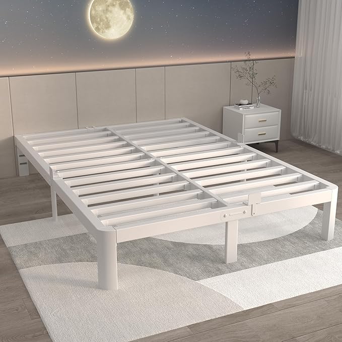 ITIMIDI 10 Inch White Bed Frame Queen, Queen Size Metal Platform Bed Frames with Metal Gaskets, Heavy Duty Steel Support 3500 LBS, No Box Spring Needed, Anti-Slip Mattress Stopper, Easy Assembly