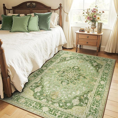 RELEANY Area Rugs 4'x6' Washable Non-Slip, Floral Vintage Distress Medallion Carpet for Living Room Bedroom Dining Room, Sage Green Yellow