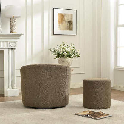 KINWELL 34" Boucle Swivel Barrel Chair with 18" Round Ottoman Set, Fully Assembled Set of Sherpa Accent Chair and Footrest, Modern Comfy Armchair and Footstool for Living Room and Bedroom, Teddy Brown