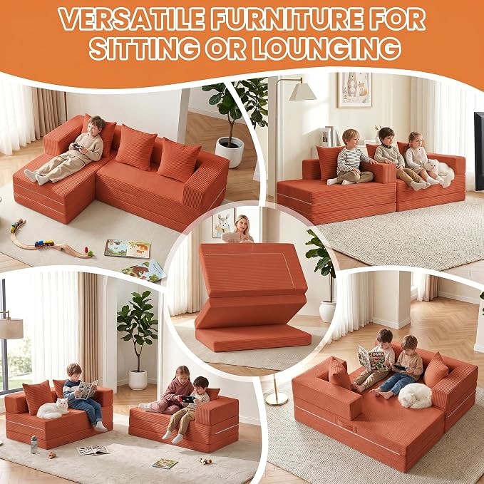 65" Modular Sectional Sofa, Boneless Convertible Sleeper Sofa Bed, Modern Tri-Folding Cloud Couch with L-Shape Chaise, Corduroy Futon Couches for Small Spaces Apartment,No Assembly, Orange