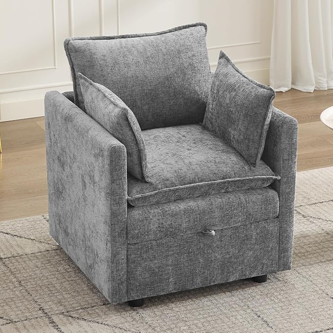 30" Cloud Modular Single Sofa Chair with Storage, Modern Upholstered Accent Chair Deep Seat, Chenille Reading Lounge Armchair for Living Room, Bedroom, Small Space, Light Grey