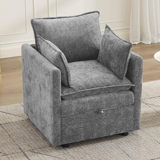 30" Cloud Modular Single Sofa Chair with Storage, Modern Upholstered Accent Chair Deep Seat, Chenille Reading Lounge Armchair for Living Room, Bedroom, Small Space, Light Grey