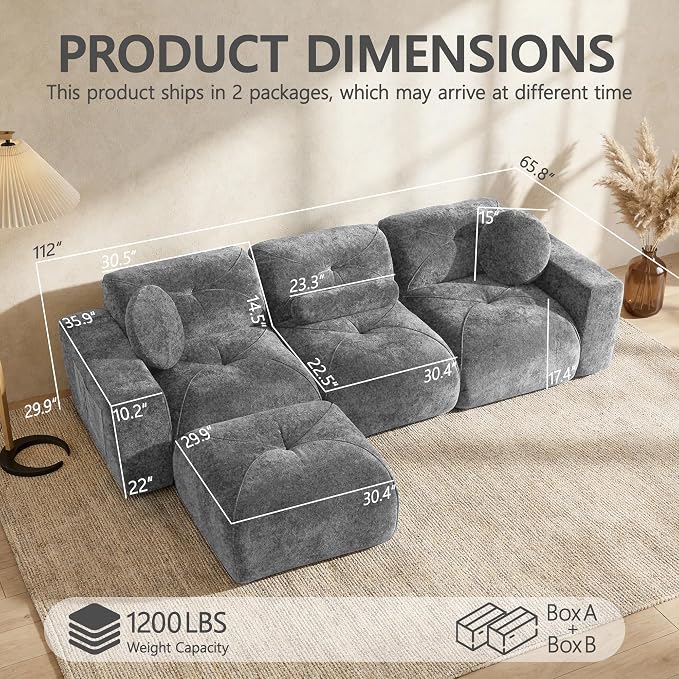 112" Modular Sectional Cloud Couch, L Shaped Sofa Boneless Couches with Movable Ottoman, 3 Deep Seat Modern Comfy Velvet Sofa for Living Room, Bedroom, Apartment (Grey)