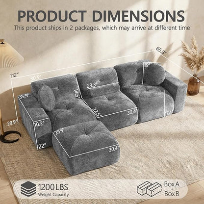 112" Modular Sectional Cloud Couch, L Shaped Sofa Boneless Couches with Movable Ottoman, 3 Deep Seat Modern Comfy Velvet Sofa for Living Room, Bedroom, Apartment (Grey)