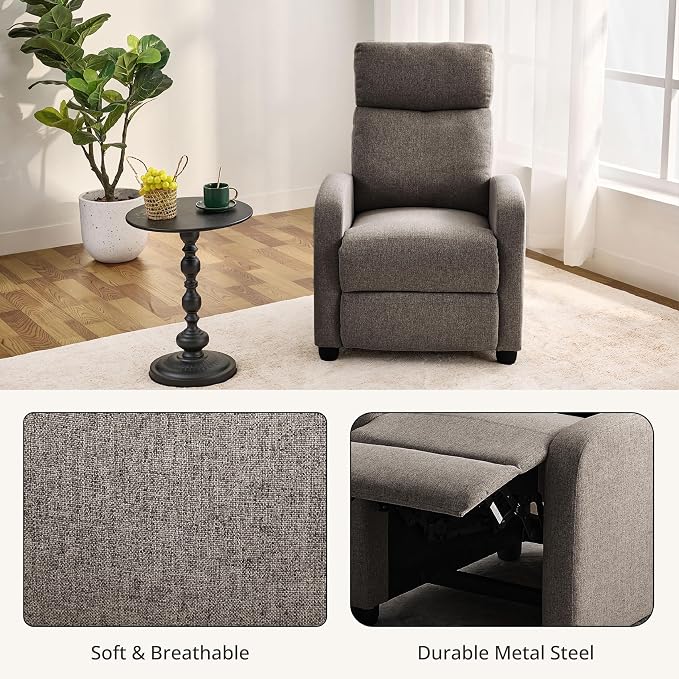 Recliner Chair for Living Room, Modern Adjustable Home Theater Seating Single Sofa Manual Push Back Armchair with Soft Linen Upholstery & High Backrest for Small Spaces, Linen-Gray