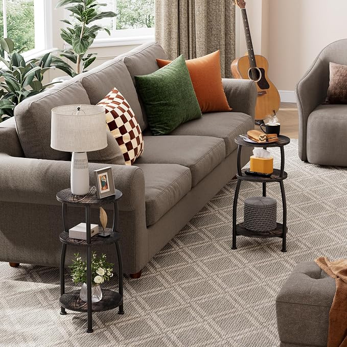 Small Round Side Table, 3-Tier End Table with Storage Shelf, Slim Sofa Table Coffee Table, Sturdy & Easy Assemble Nightstand for Small Spaces, Living Room Bedroom Corner, Oak Dark