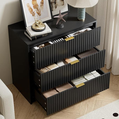 Furniway Black Dresser for Bedroom, Modern Dresser with 3 Drawers and Smooth Slides, Wide Chest of Drawers with Golden Handles for Bedroom, Living Room, Closet, 15.7" D x 31.5" W x 29.6" H