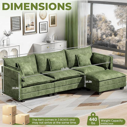 LEVELEVE 112.5" L-Shape Modular Sofa with 1 Ottomans, Deep Seat Cloud Convertible Sleeper, 3 Throw 2 Arm Pillows, Comfortable Upholstered Furniture for Living Room Apartment, Green