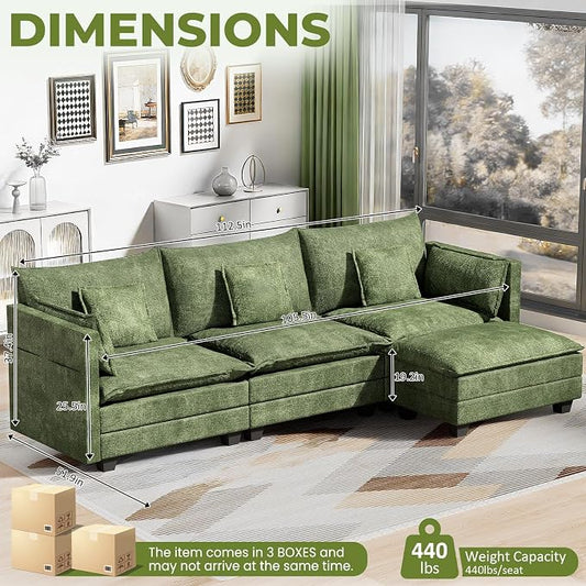LEVELEVE 112.5" L-Shape Modular Sofa with 1 Ottomans, Deep Seat Cloud Convertible Sleeper, 3 Throw 2 Arm Pillows, Comfortable Upholstered Furniture for Living Room Apartment, Green