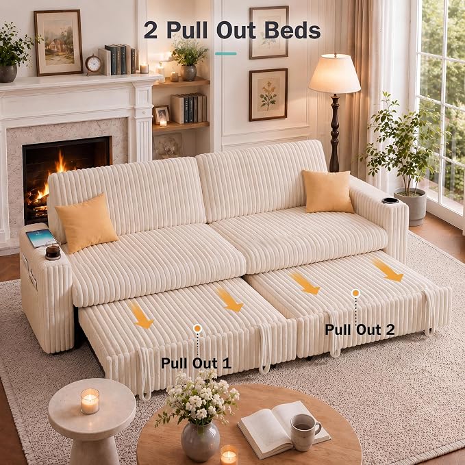 Vipbear 91" Sectional Sleeper Sofa with Pull Out Bed,5-Level Adjustable Backrest,3 Seat Modular Couch with Storage,Tool Free Assembly,USB & Cup Holders, Corduroy Sofa for Living Room,Beige