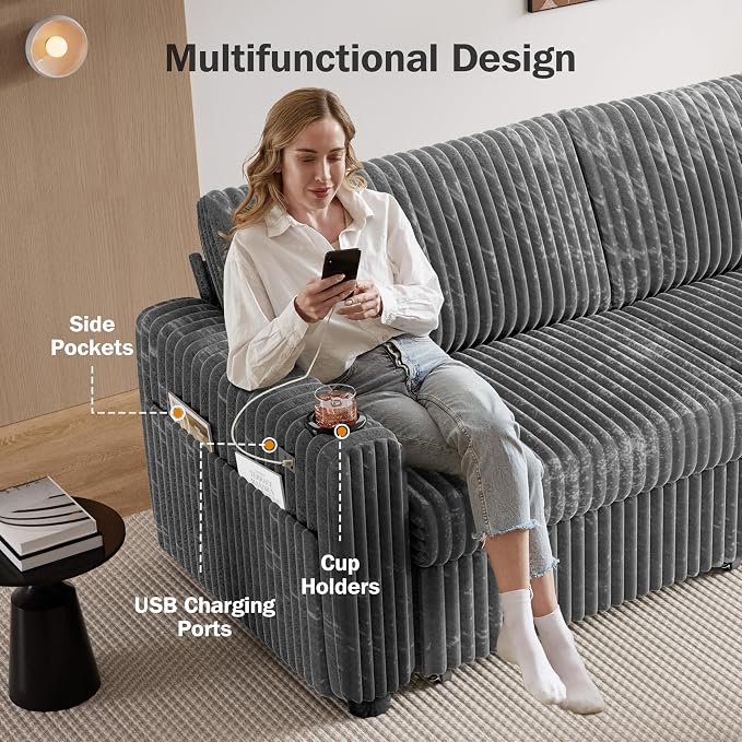 Sunny Heart 91" Plush Corduroy L Shaped Sectional Sleeper Sofa Bed with Pull Out Bed, Reclining Backrest, Reversible Storage Chaise, USB Ports, Cup Holders, Tool Free Assembly, Darke Grey