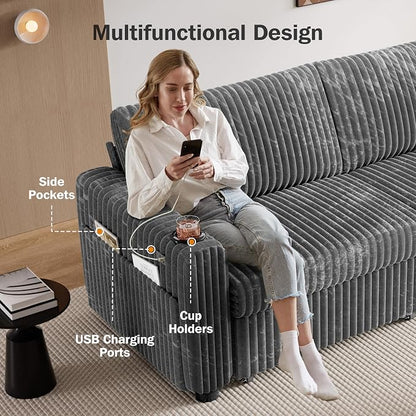 Sunny Heart 91" Plush Corduroy L Shaped Sectional Sleeper Sofa Bed with Pull Out Bed, Reclining Backrest, Reversible Storage Chaise, USB Ports, Cup Holders, Tool Free Assembly, Darke Grey