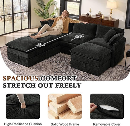 Ihanherry Oversized Sectional Sofa Bed with Storage, 103” 6-Seater Modular Cloud Couch with Movable Ottomans, Chenille Deep Seat Sleeper Couches for Living Room (Black)