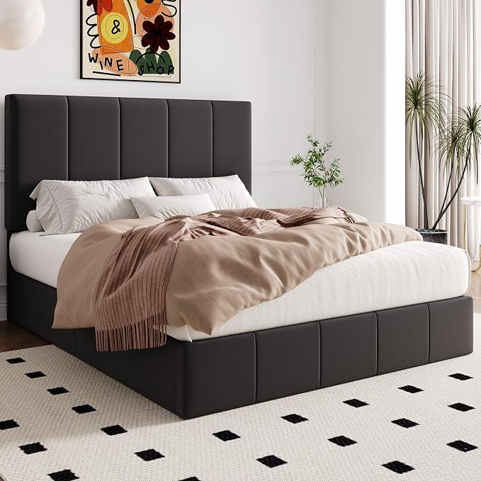 Allewie Full Size Velvet Lift Up Storage Bed Frame, Vertical Channel Tufted Headboard, Hydrualic Underneath Storage, Upholstered Platform Bed, Wooden Slats Support, No Box Spring Needed, Black