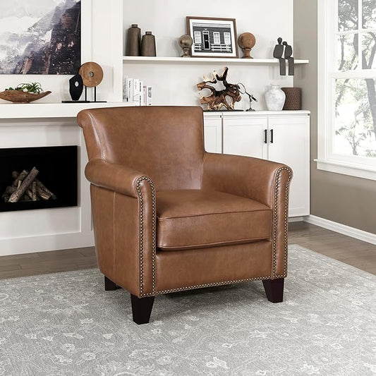 Lexicon 100% Top Grain Genuine Leather Chair, Leather Accent Chairs for Living Room, Solid Wood Frame, Rolled Armrest & Nailhead Trim, Comfy Reading for Bedroom, Office, Waiting Room, Brown