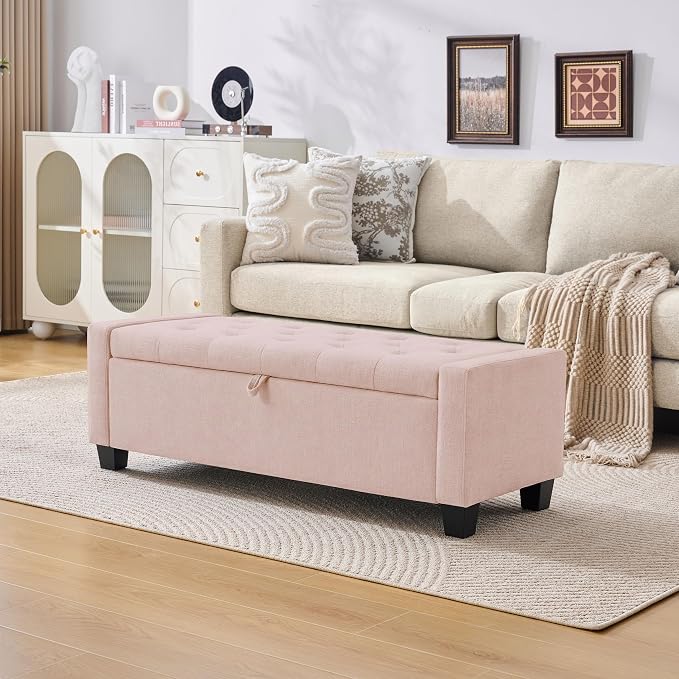 Huatean Home 43" Ottoman with Storage, Pink Storage Ottoman Bench with Safety Hinge, Upholstered Entryway Bench with Seating for Bedroom, Living Room, Holds up to 330 lb