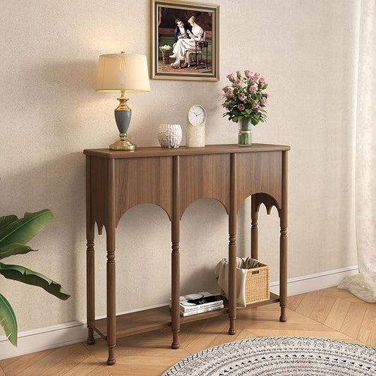 40" Console Table with Storage Shelf, Retro Entryway Table, Wooden Sofa Table with Roman-Style Legs for Living Room, Hallway, Brown
