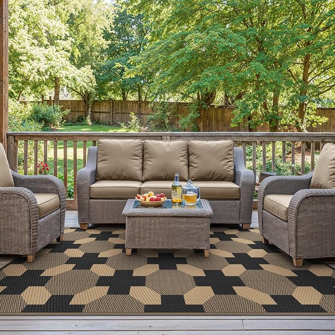 GENIMO Outdoor Rug for Patio Clearance, 6'x9' Reversible Geometric Plastic Straw Rugs, Lightweight Waterproof RV Camping Mat for Camper, Balcony, Deck, Backyard, Picnic, Black Brown