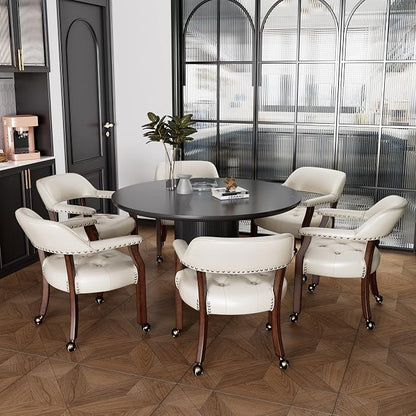 LEEMTORIG Set of 4 Large Dining Chairs with Casters and Arms, Rolling Dining Chairs with Wheels, Poker Chairs, Solid Wood Boss Caption's Chairs, 26"D x 25.2"W x 31.5"H, Cherry Legs & Ivory, SY-1533-WT