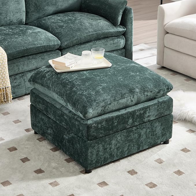 Iroomy 25" Chenille Ottoman, 9.5" Thick Cushion, Upholstered Footrest Modern Footstool & Bench for Living Room, Bedroom, Green