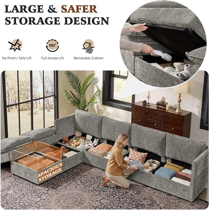 Ihanherry 135” Modular Sectional Sofa with Storage, U Shaped Cloud Couch with Movable Ottomans & 4 Pillows, Chenille Deep Seat Sectional Couches for Living Room, Apartment (Grey)