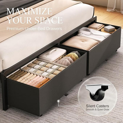 Queen Bed Frame with 2 Storage Drawers, Grey Upholstered | Headboard with Charging Station and LED Lights, Metal Platform Bed with Storage Shelf, Noise Free, No Box Spring Needed