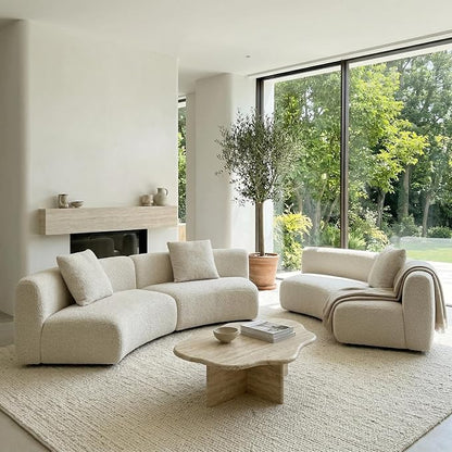 Acanva Formia Boucle Curved Sectional Sofa, 3 Armless Chairs, White | Modular Couch, Modern Minimalist, Wood Frame, For Living Room, Apartment, Home Office