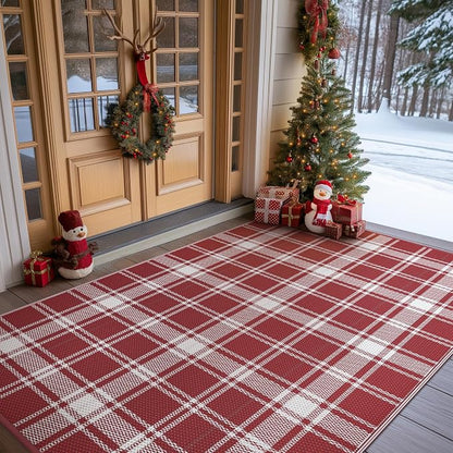 GENIMO Waterproof Outdoor Rug for Patio Clearance, 9'x12' Reversible Plastic Straw Rugs, Lightweight RV Camping Mat for Camper, Balcony, Deck, Backyard, Picnic, Red White Plaid