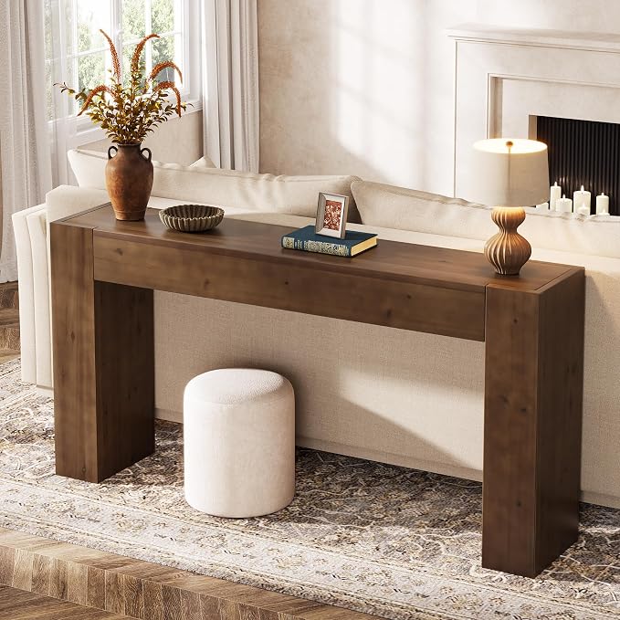Solid Wood Console Table, 63-Inch Farmhouse Sofa Table Behind Couch for Entryway, Living Room, Foyer, Easy Assembly (Walnut)