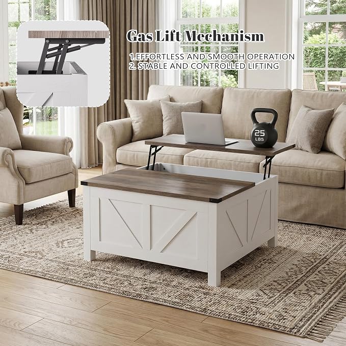 35” Farmhouse Coffee Table with Large Storage, Rustic Wood Lift Top Coffee Table for Living Room, Square Center Table with Charging Station&USB, Modern Port Pottery Barn Lift top Table
