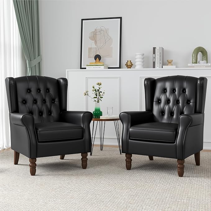 High Back Accent Chairs Set of 2, Faux Leather Wingback Chair for Living Room, Button-Tufted Upholstered Armchair with Solid Wood Legs, Comfy Single Sofa Reading Chair for Bedroom, Black