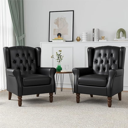 High Back Accent Chairs Set of 2, Faux Leather Wingback Chair for Living Room, Button-Tufted Upholstered Armchair with Solid Wood Legs, Comfy Single Sofa Reading Chair for Bedroom, Black